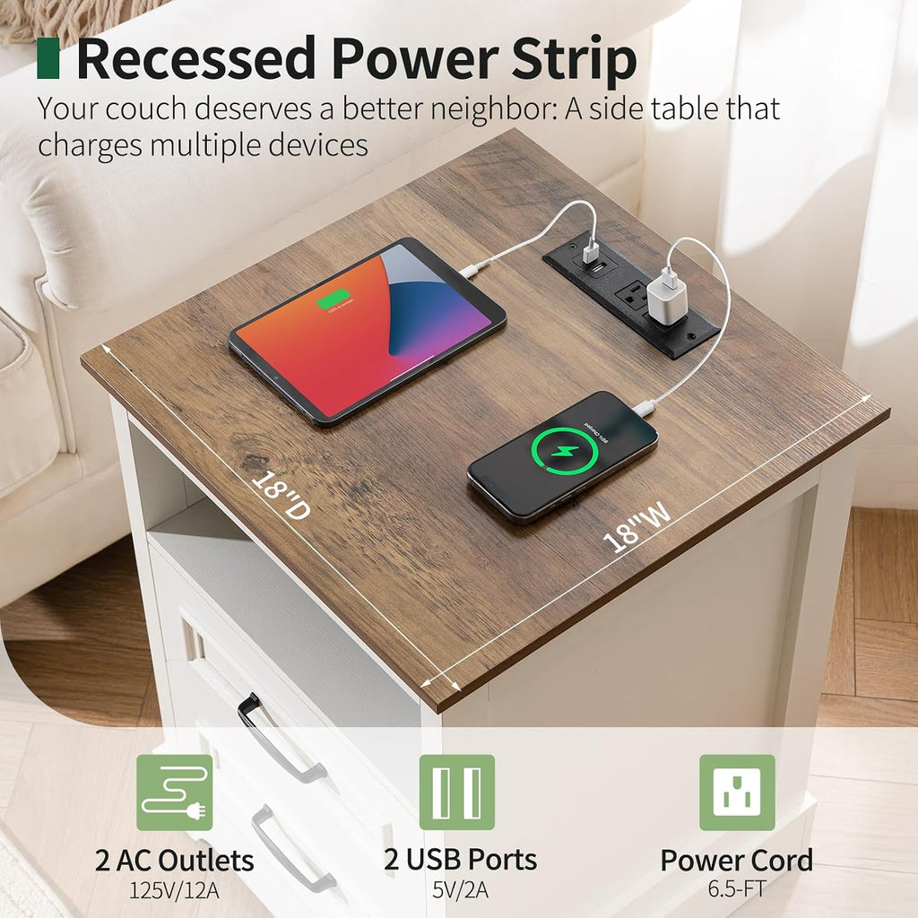 Farmhouse Nightstand with Charging Station- Wood Night Stand Set 2, 2 Drawer Nightstands Set of 2, Bedside Table with Storage, Rustic Night Stands for Bedroom, Closet, 18' Wide, 24' Tall