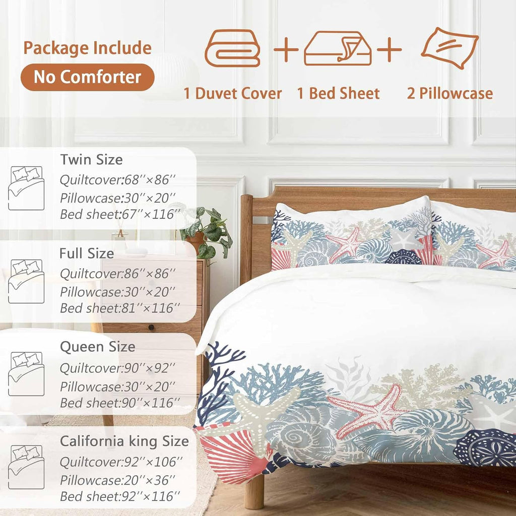 Summer Marine Life Duvet Cover Set Queen Size 4 Pieces Ocean Coral Coastal Starfish Blue Conch Bedding Set with Zipper Closure, 1 Comforter Cover 92x106 Inches 1 Flat Sheet & 2 Pillow Cases