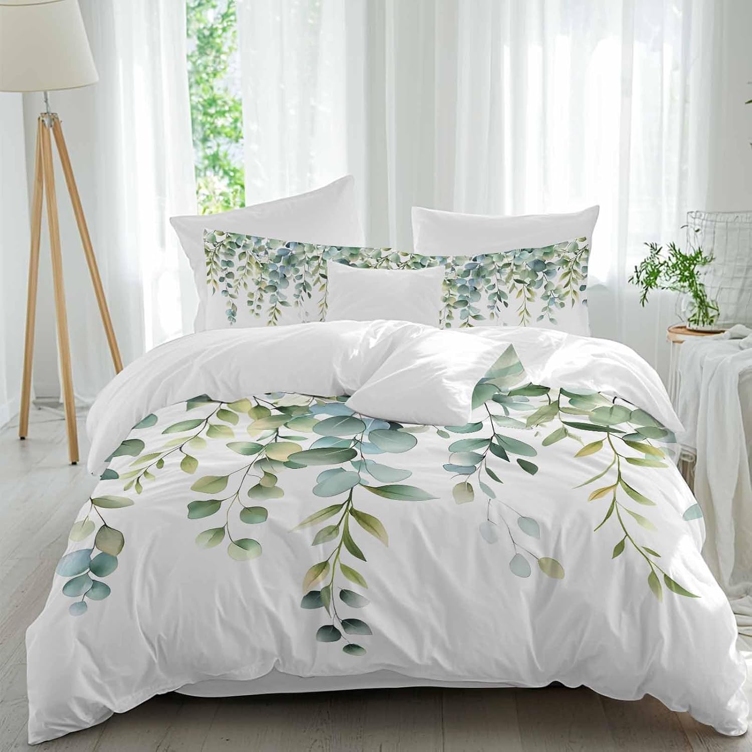 Prime Leader Green Leaves Duvet Cover Set Queen Size 4 Pieces Eucalyptus Leaf Watercolor Plant Botanical Bedding Set with Zipper Closure, 1 Comforter Cover 92x106 Inches 1 Flat Sheet & 2 Pillow Cases