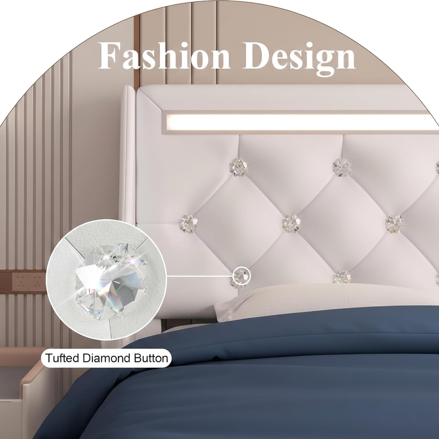 Queen Bed Frame with Storage Drawers and LED Lights/Charging Station, Modern Diamond Upholstered Platform Bed with Wingback Headboard, Wooden Slats Support, No Box Spring Needed (White, Queen)