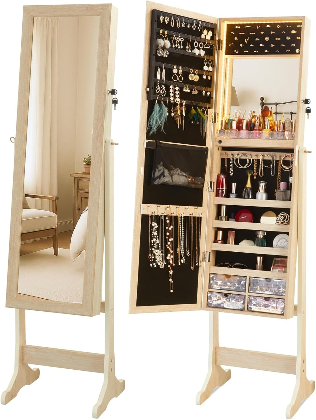 LUXFURNI 62.6' H Mirror Jewelry Cabinet Standing, LED Light Jewelry Armoire with Mirror, Large Jewelry Storage Mirror, Lockable Jewelry Organizer Mirror, Natural
