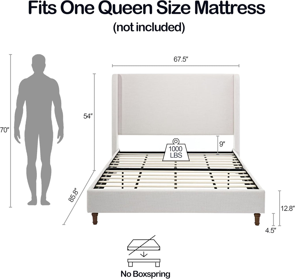 Queen Size Bed Frame With Headboard,54' Headboard Chenille Upholstered Platform Bed,Bedroom Furniture Sets No Springs Required,Metal Bed Frame With Wooden Slats for Strong Support,No Noise Free,Ivory