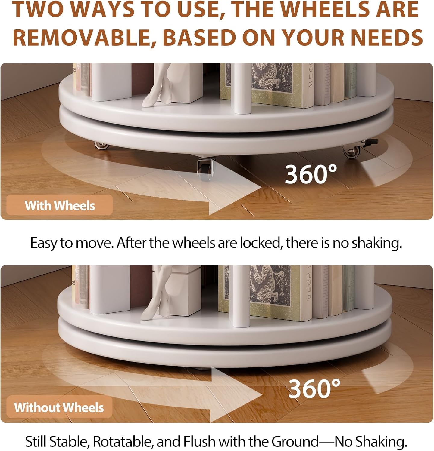 Muwuele Solid Wood Rotating Bookshelf on Wheels, 5 Tier, Round Revolving Bookcase, 360° Spinning Book Shelf Tower for Kids, Narrow Rolling Bookshelves for Small Space, Corner, Bedroom, Office, White