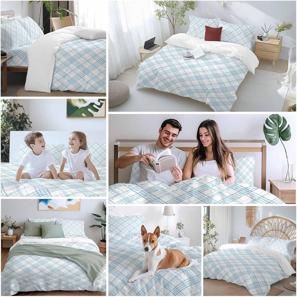 Light Blue White Checkered Duvet Cover Set Queen Size 4 Pieces Modern Minimalist Watercolor Country Farm Bedding Set with Zipper Closure, 1 Comforter Cover 92x106 Inches 1 Flat Sheet & 2 Pillow Cases