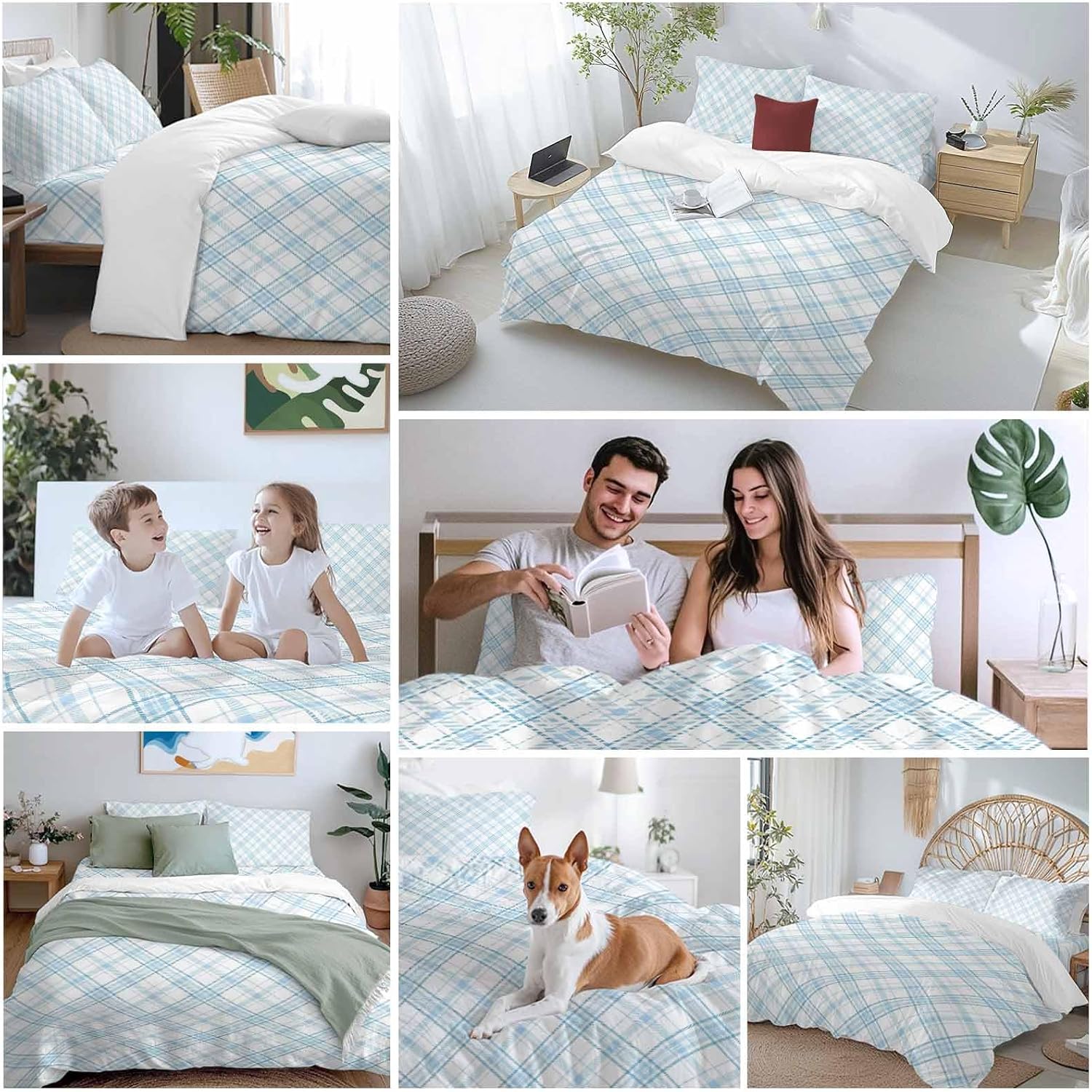 Light Blue White Checkered Duvet Cover Set Queen Size 4 Pieces Modern Minimalist Watercolor Country Farm Bedding Set with Zipper Closure, 1 Comforter Cover 92x106 Inches 1 Flat Sheet & 2 Pillow Cases