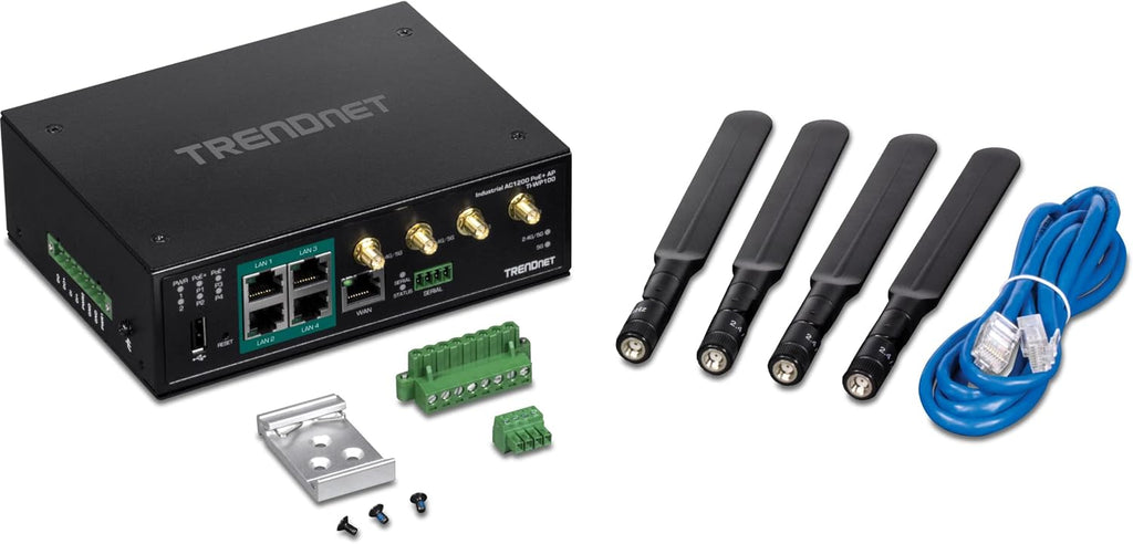 TRENDnet Industrial AC1200 Wireless Gigabit PoE+ Router, TI-WP100, IP30 Housing, Dual-WAN, Dual-Band WiFi, VPN, Inter-VLAN Routing