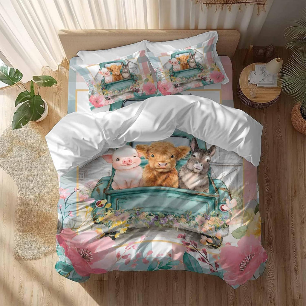 Farm Animals Duvet Cover Set Queen Size 4 Pieces Funny Pig Cow Donkey Retro Truck Spring Floral Bedding Set with Zipper Closure, 1 Comforter Cover 90x92 Inches 1 Flat Sheet & 2 Pillow Cases