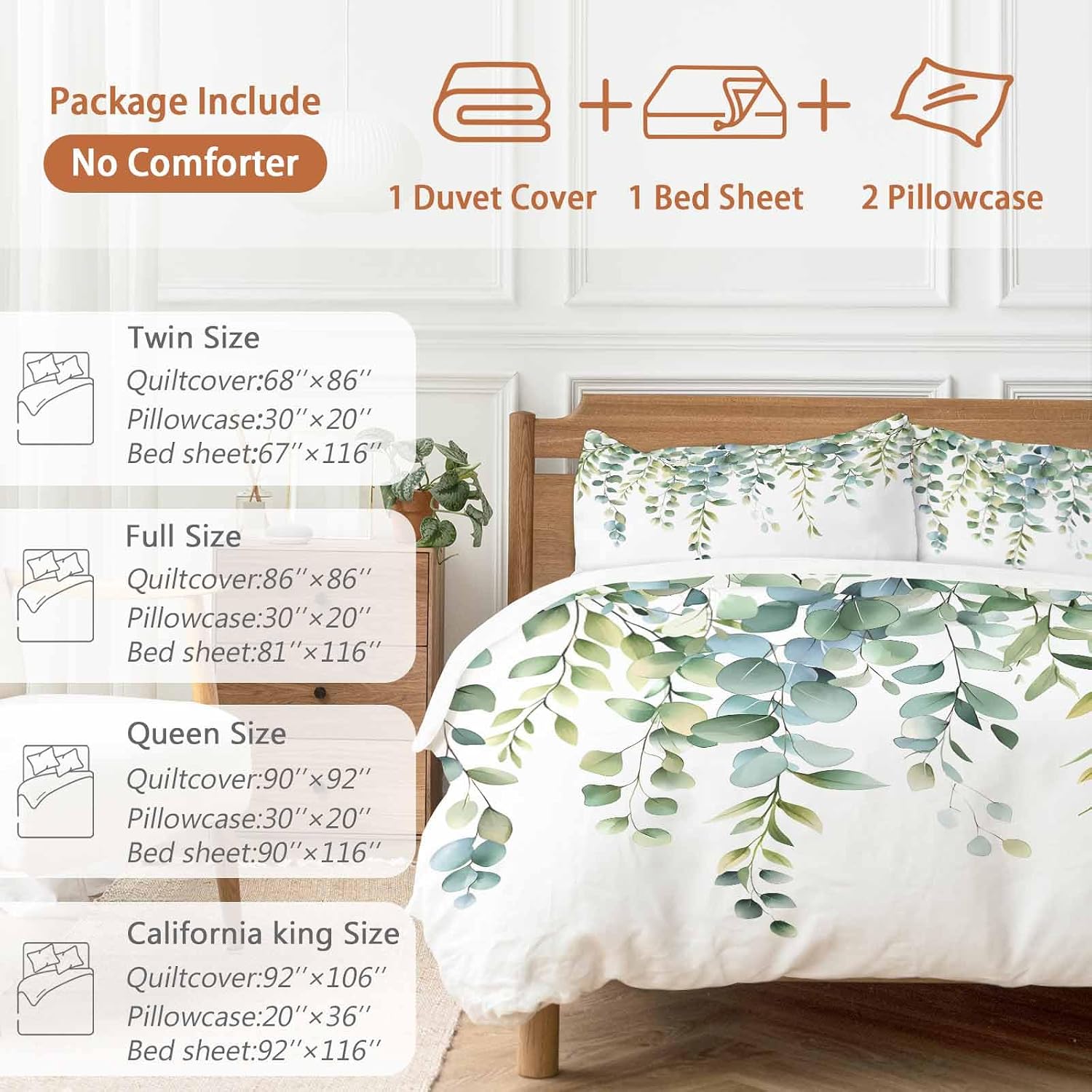 Prime Leader Green Leaves Duvet Cover Set Queen Size 4 Pieces Eucalyptus Leaf Watercolor Plant Botanical Bedding Set with Zipper Closure, 1 Comforter Cover 92x106 Inches 1 Flat Sheet & 2 Pillow Cases