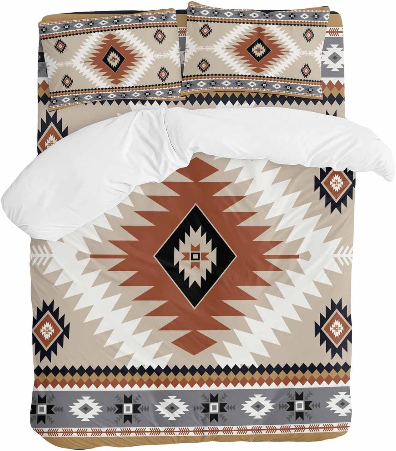 Aztec Southwestern Duvet Cover Set Queen Size 4 Pieces Ethnic Tribal Style Geometric Orange Khaki Bedding Set with Zipper Closure, 1 Comforter Cover 92x106 Inches 1 Flat Sheet & 2 Pillow Cases
