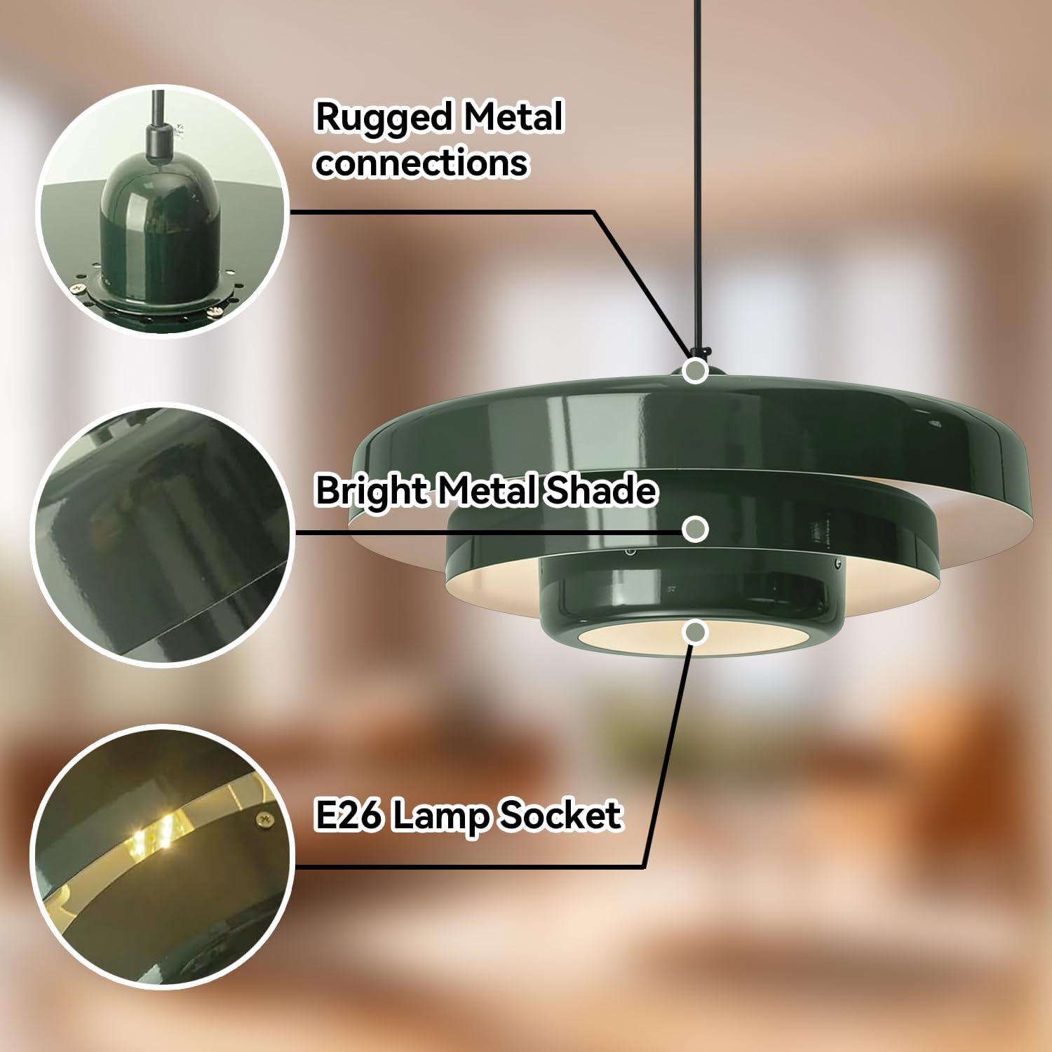 Plug-in Green Pendant Light, Mid Century Hanging Lamp Fixtures with Pulley and Plug in Cord 3-Layer Shade Nordic Style Pendant Lighting Metal Shade for Living Room Dining Room Bedroom Kitchen Island