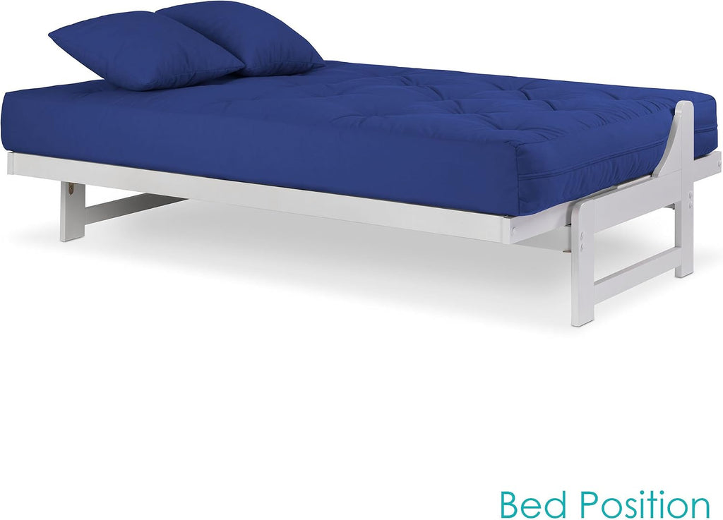 Nirvana Futons Arden White Finish Futon Set (Full or Queen Size), Armless Wood Futon Frame with Mattress Included (Twill Royal Blue), Space Saving Modern Sofa Bed Sleeper
