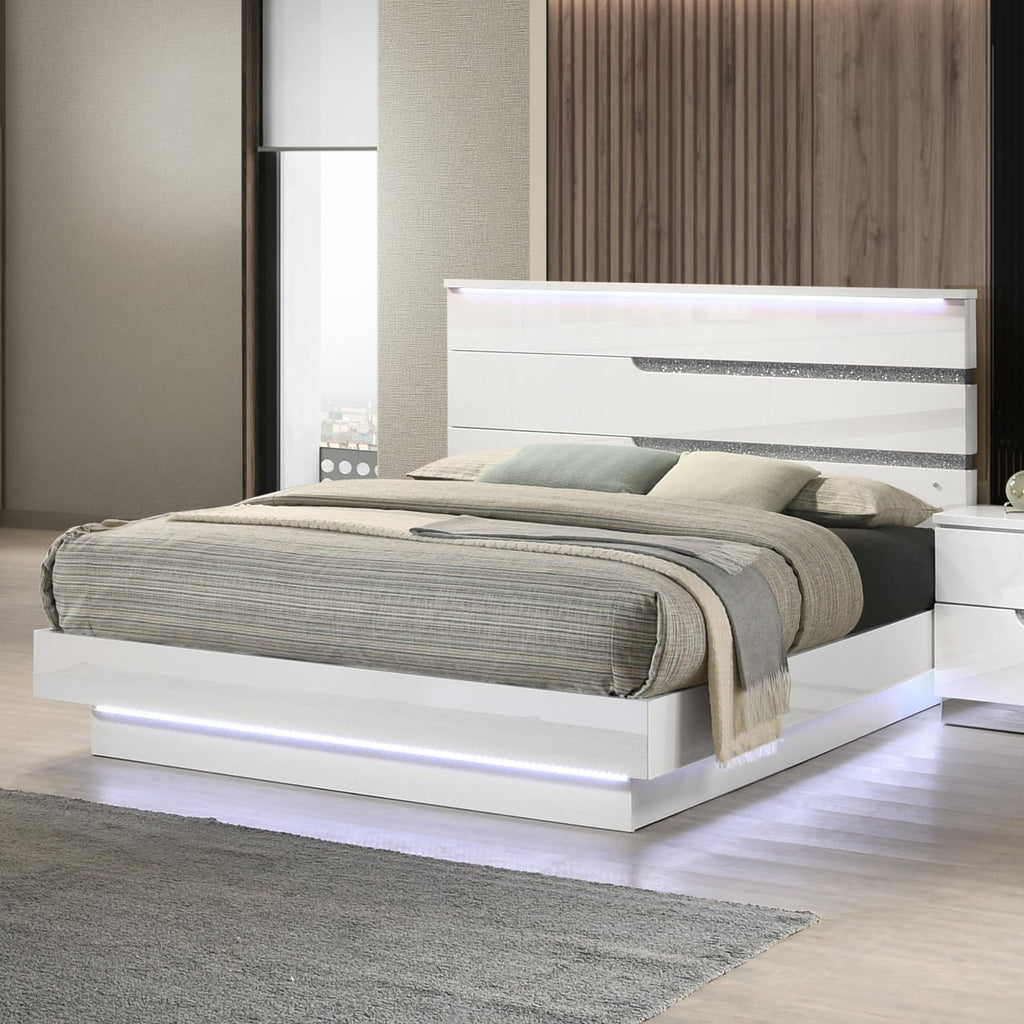HomeStock Platform Bed with Lighting - Modern Bedroom Furniture White/Queen