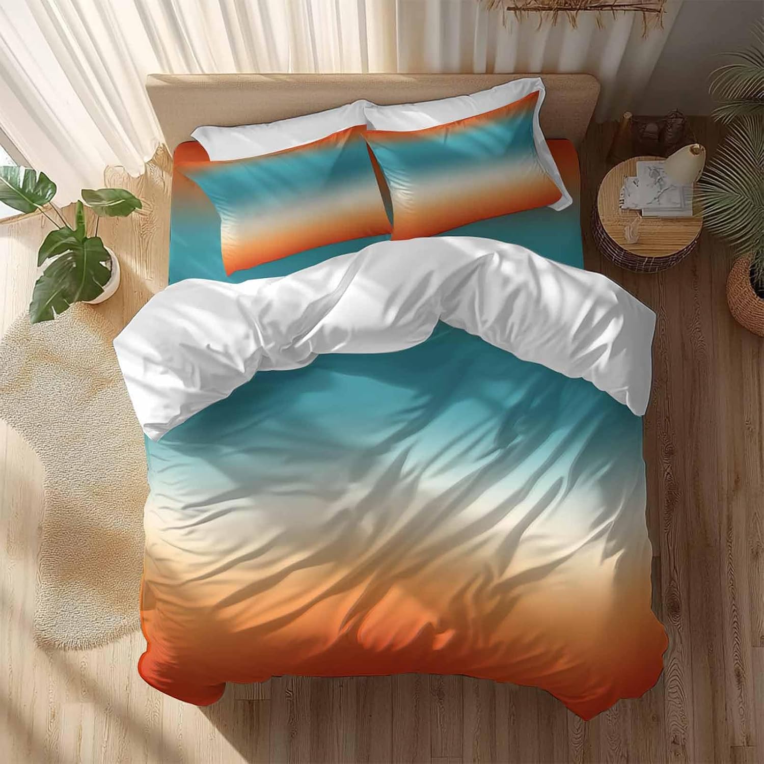 Bohemian Gradient Blue Duvet Cover Set Queen Size 4 Pieces Modern Minimalist Red Orange Ocean Beach Bedding Set with Zipper Closure, 1 Comforter Cover 86x86 Inches 1 Flat Sheet & 2 Pillow Cases