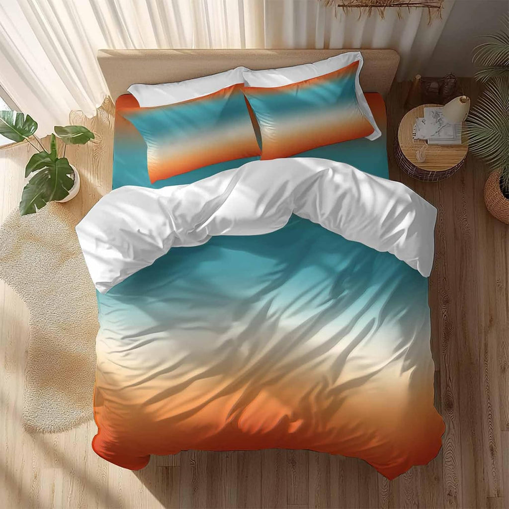Bohemian Gradient Blue Duvet Cover Set Queen Size 4 Pieces Modern Minimalist Red Orange Ocean Beach Bedding Set with Zipper Closure, 1 Comforter Cover 90x92 Inches 1 Flat Sheet & 2 Pillow Cases