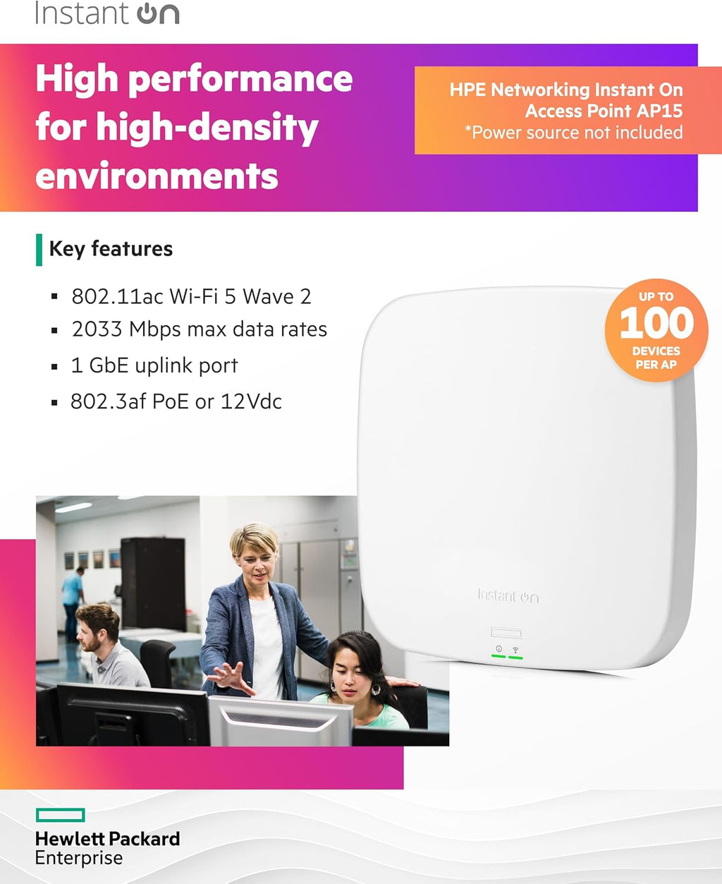Aruba Instant On AP15 4x4 WiFi Access Point | US Model | Power Source not Included (R2X05A)