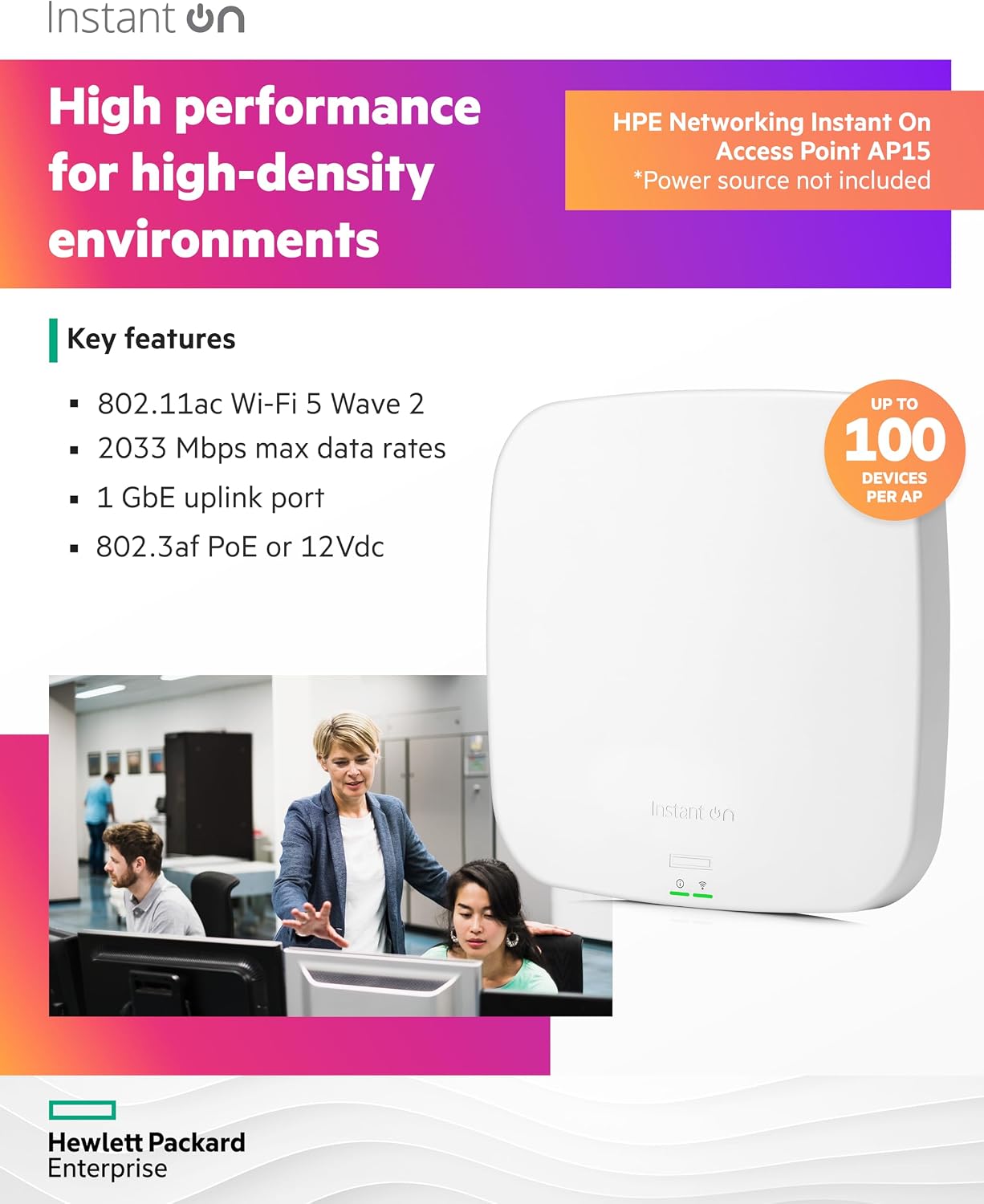 Aruba Instant On AP15 4x4 WiFi Access Point | US Model | Power Source not Included (R2X05A)