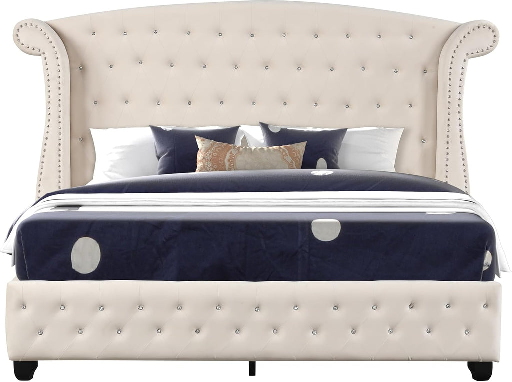 Crystal Tufted Full 5 Pc Vanity Bedroom Set Made with Wood in Cream