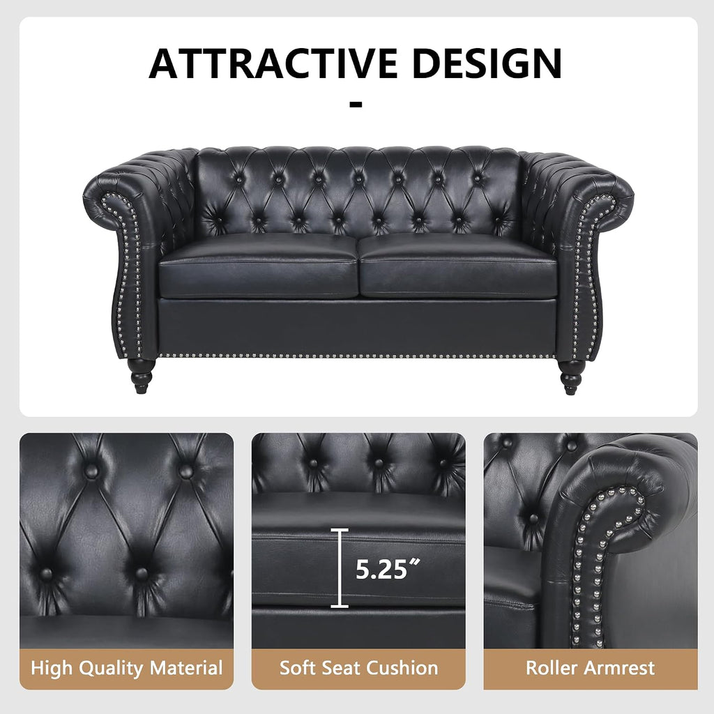 QHITTY 3 Piece Living Room Set, Sectional Chesterfield Sofa Chair Contemporary Upholstered Artificial Leather Loveseat Couch Sets for Living Room, Bedroom, Office (Black)