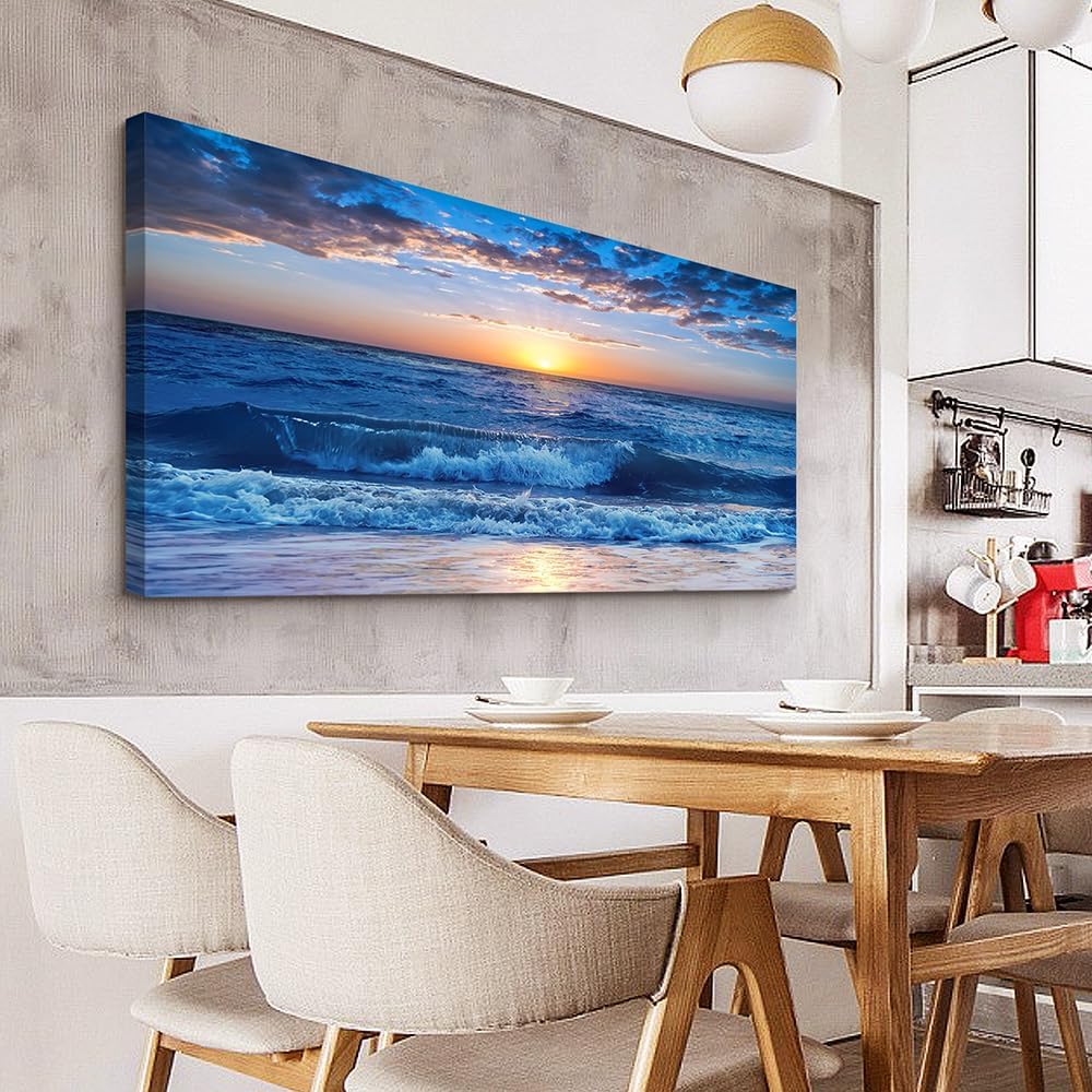 Wapluam Large Canvas Wall Art For Office Farmhouse Living Room Ocean Beach Wall Paintings Blue Sea View Wave Wall Pictures Framed Prints Artwork Modern Bedroom Home Decor 30'X 60'