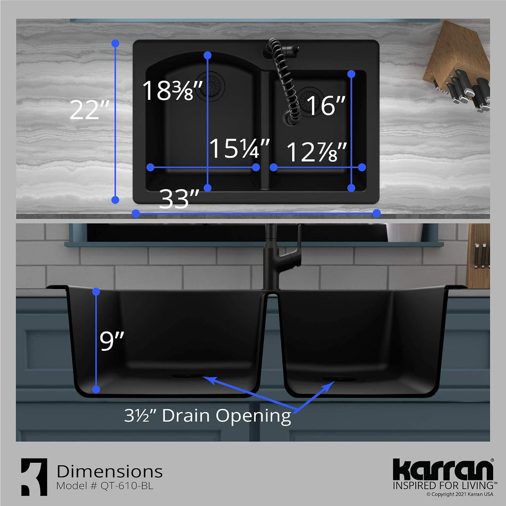 Karran 33' Drop-In/Top Mount Quartz Composite 1-Hole 60/40 Double Bowl Kitchen Sink in Black