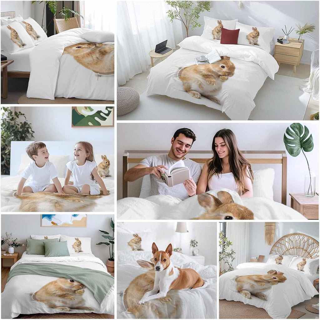 Rabbit Sitting on The Toilet Thinking Duvet Cover Set Queen Size 4 Pieces Abstract Funny Animal Bedding Set with Zipper Closure, 1 Comforter Cover 92x106 Inches 1 Flat Sheet & 2 Pillow Cases
