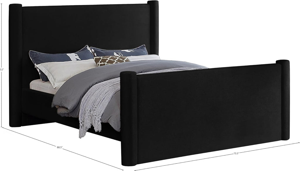 Meridian Furniture B1298Black-Q Elias Collection Modern | Contemporary Queen Bed with Soft Black Velvet, Solid Wood Inner Frame, 73.5' W x 88.5' D x 52' H, Black, Queen