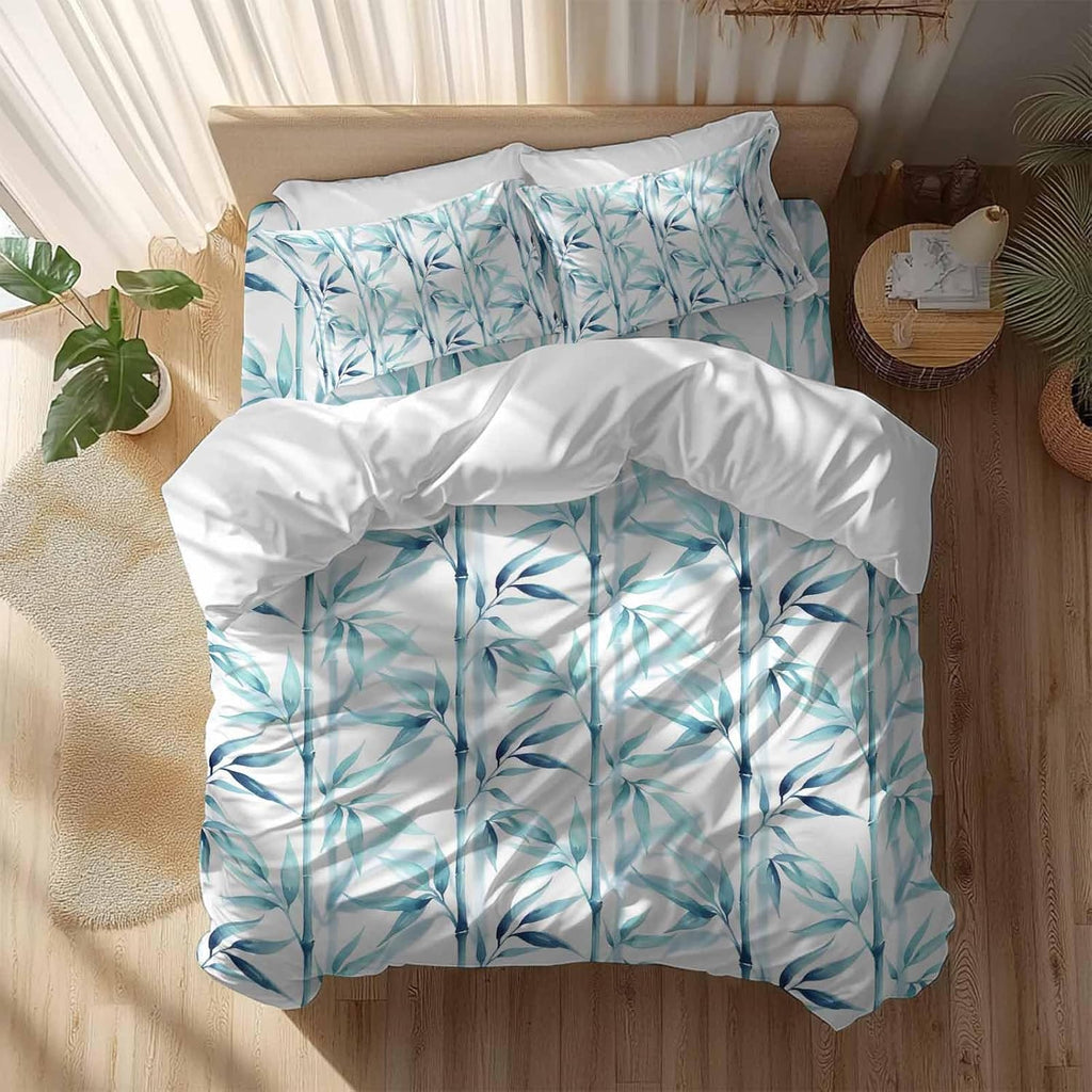 Blue Leaves Duvet Cover Set Queen Size 4 Pieces Minimalist Natural Style Ink Painting Modern Bedding Set with Zipper Closure, 1 Comforter Cover 92x106 Inches 1 Flat Sheet & 2 Pillow Cases