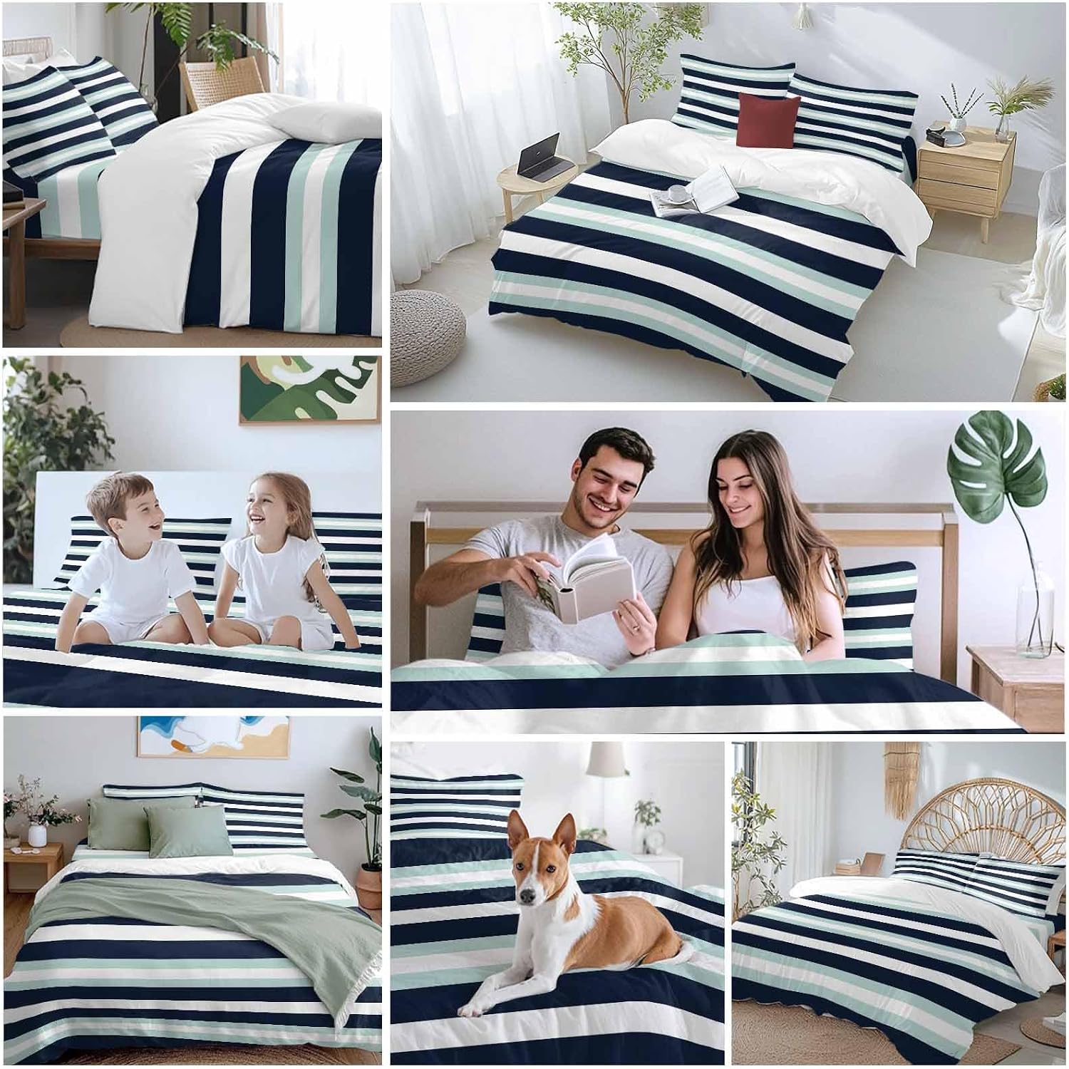Prime Leader Turquoise Navy Blue Stripe Duvet Cover Set Queen Size 4 Pieces Modern Abstract Minimalist Bedding Set with Zipper Closure, 1 Comforter Cover 90x92 Inches 1 Flat Sheet & 2 Pillow Cases