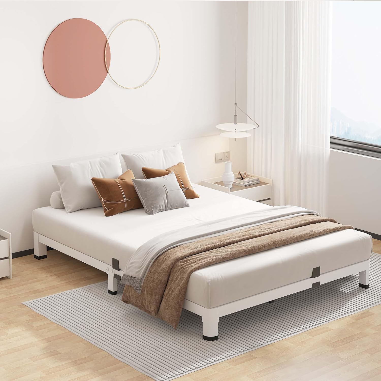 ROIL 4 Inch White Full Bed Frame with Rounded Corner and Mattress Retainers, 3500LBS Heavy Duty Steel Slats No Box Spring Needed Platform Noise-Free Easy Assembly