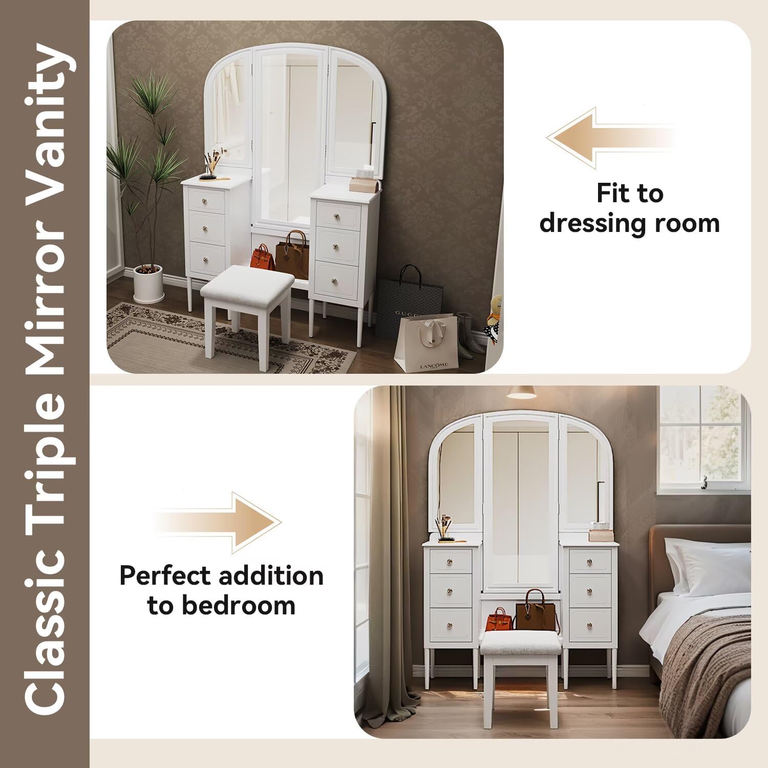 JIJIWANG 68.75H Antique Makeup Vanity Desk with Triple Mirror,6-Drawer Dressing Table Set Including Stool,Full Length Mirror for Bedroom Dressing Room,White