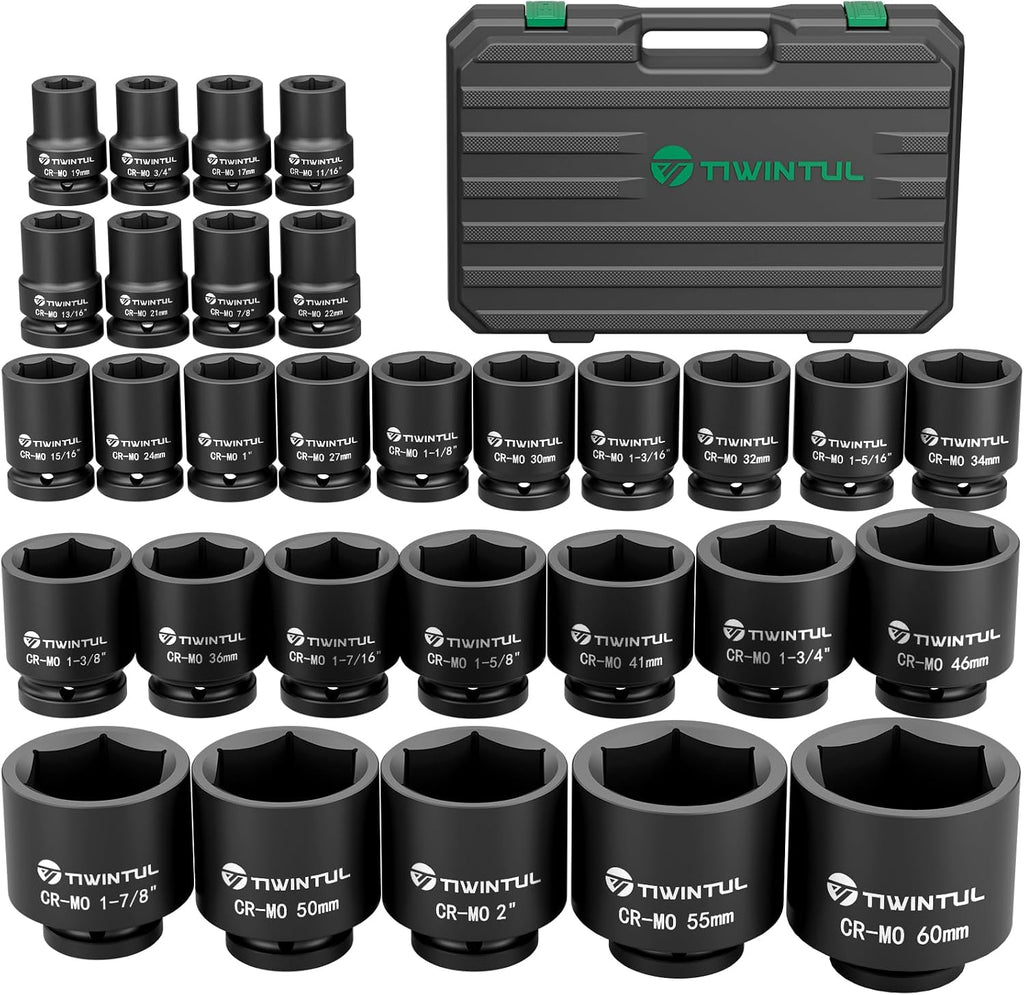 3/4 Inch Drive Impact Socket Set, 6-Point Design, CR-MO Steel, 30 PCS Large Impact Socket Set, SAE (11/16' to 2') and Metric (17mm to 60mm), Rugged Construction, Heavy Duty Impact Sockets
