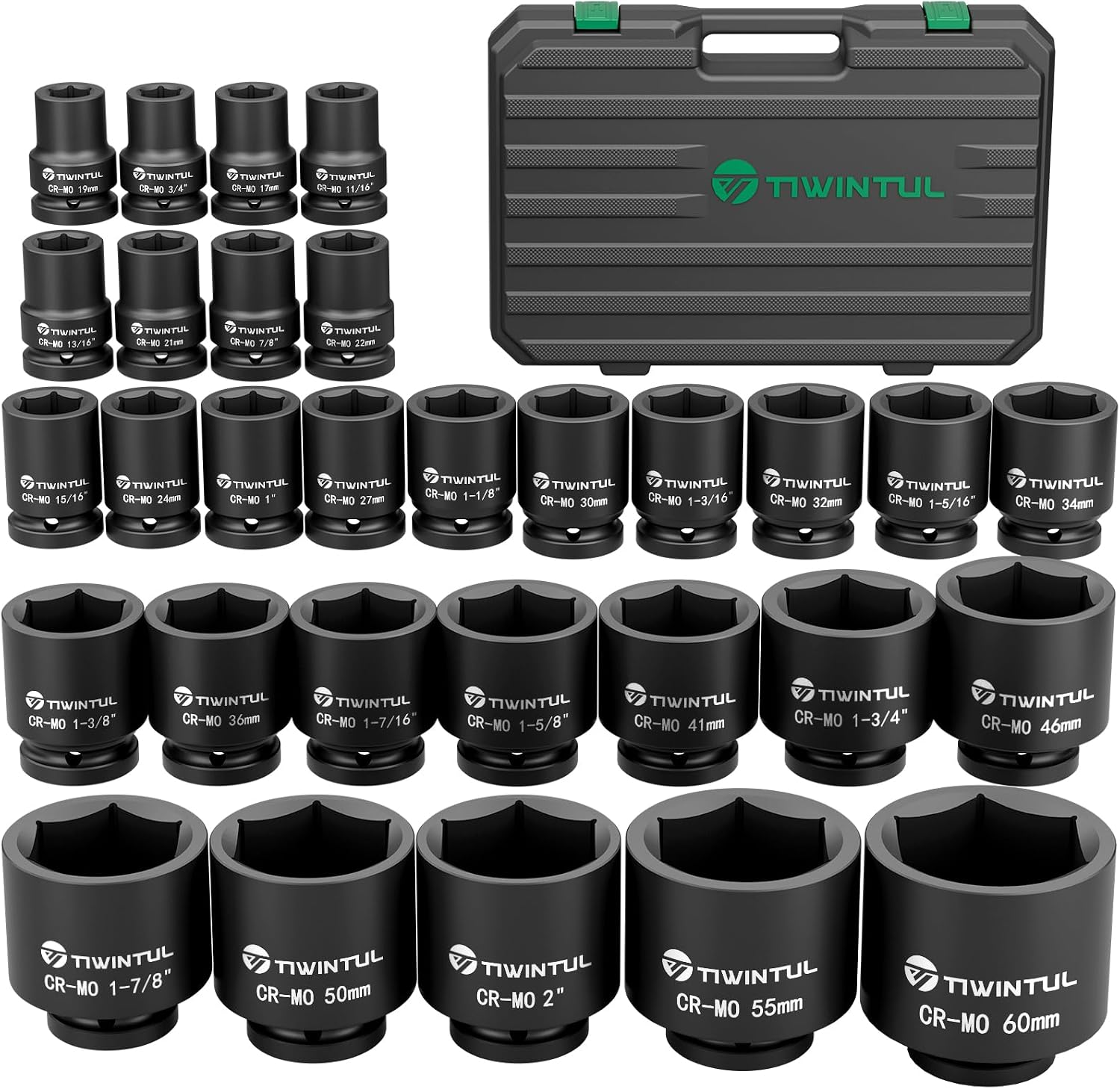 3/4 Inch Drive Impact Socket Set, 6-Point Design, CR-MO Steel, 30 PCS Large Impact Socket Set, SAE (11/16' to 2') and Metric (17mm to 60mm), Rugged Construction, Heavy Duty Impact Sockets