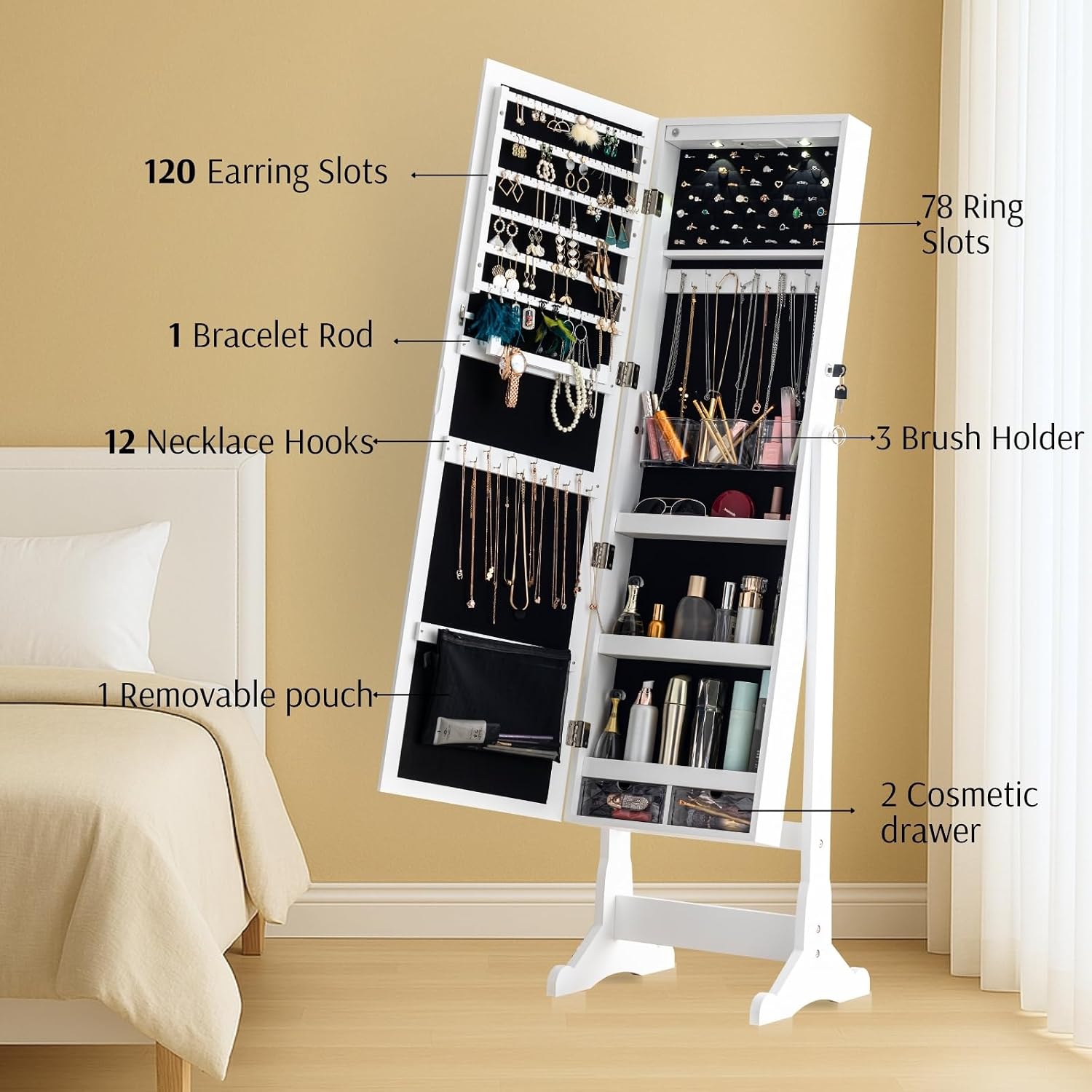 BTEXPERT Mirror Jewelry Cabinet Standing, Large Storage Jewelry Armoire, Full-Length Mirror with Jewelry Storage, LED Bulbs Lockable Standing Jewelry Organizer White