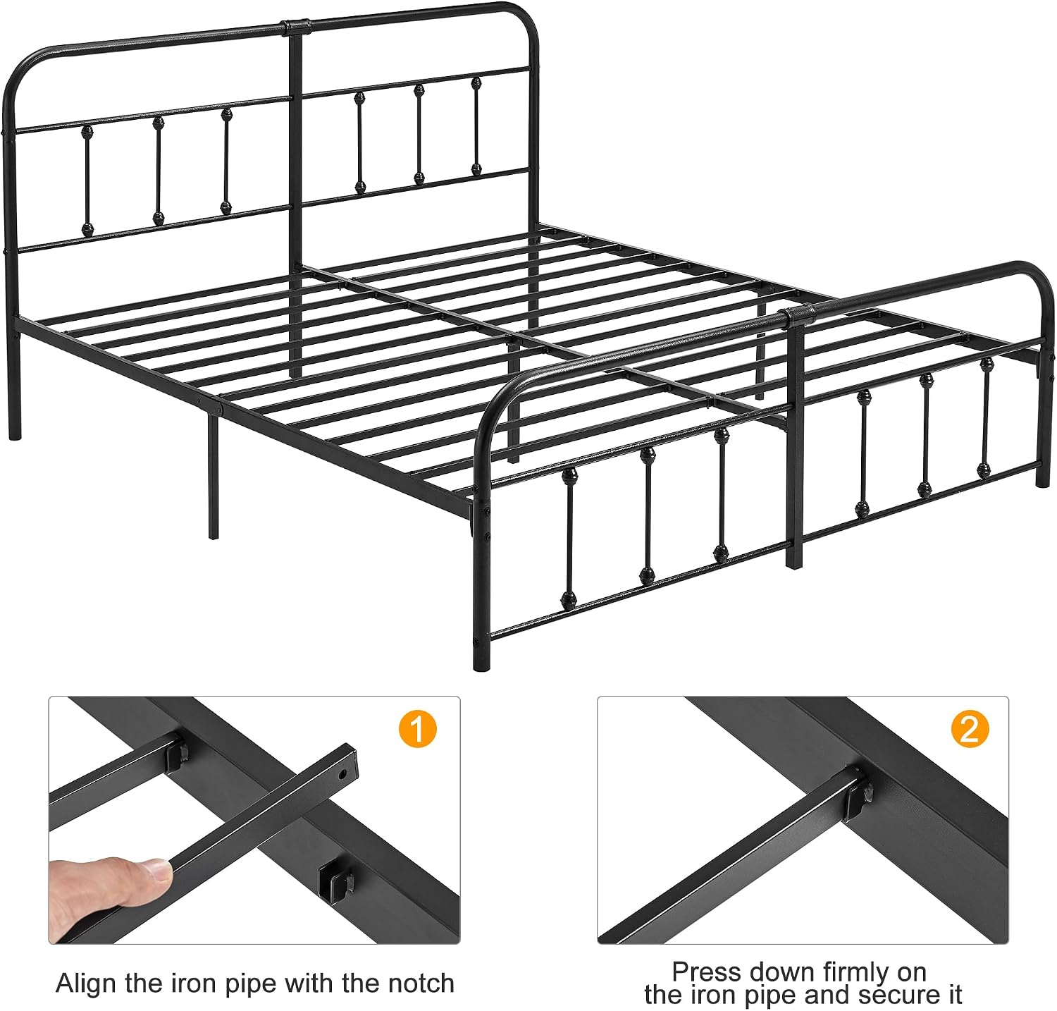 VECELO King Size Victorian Style Metal Bed Frame with Headboard Classic Metal Platform Bed Frame Mattress Foundation with Victorian Style Footboard/Under Bed Storage/No Box Spring Black