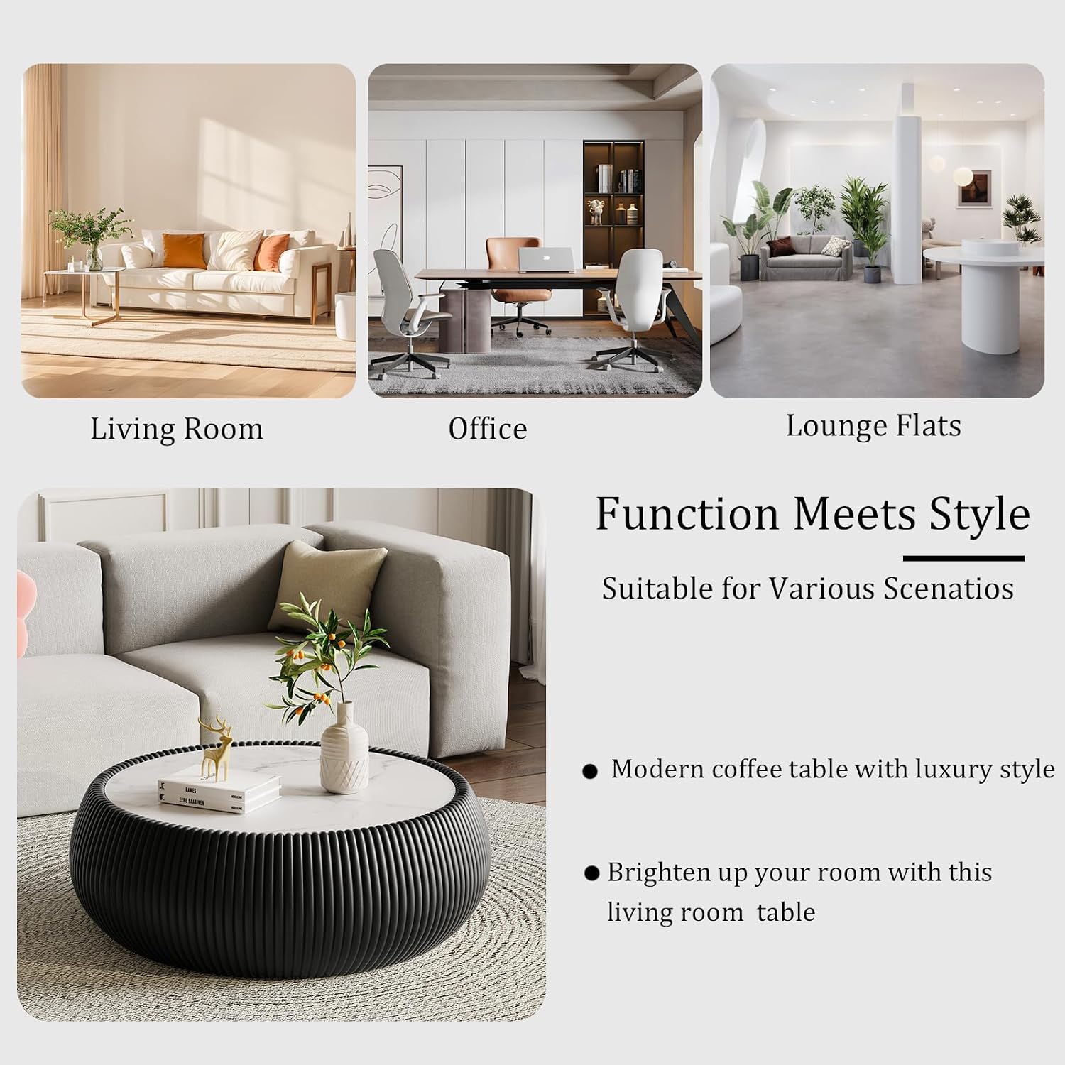 27.55' Black Round Coffee Table, Drum Coffee Table with Sintered Stone Tabletop and Fluted PU Leather Covered and Stable Base, Circle Cocktail Tea Table for Living Room
