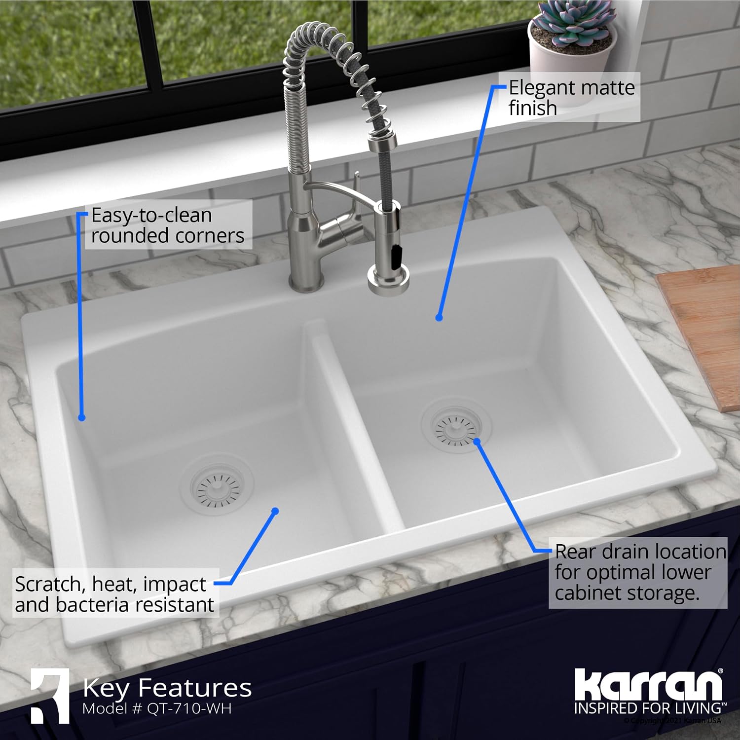 Karran QT-710 33 Inch Top Mount Double Bowl Kitchen Sink, 50/50 Low Divide Quartz Composite Drop-In Sink, Rear Drain, Heat and Scratch Resistant, Black