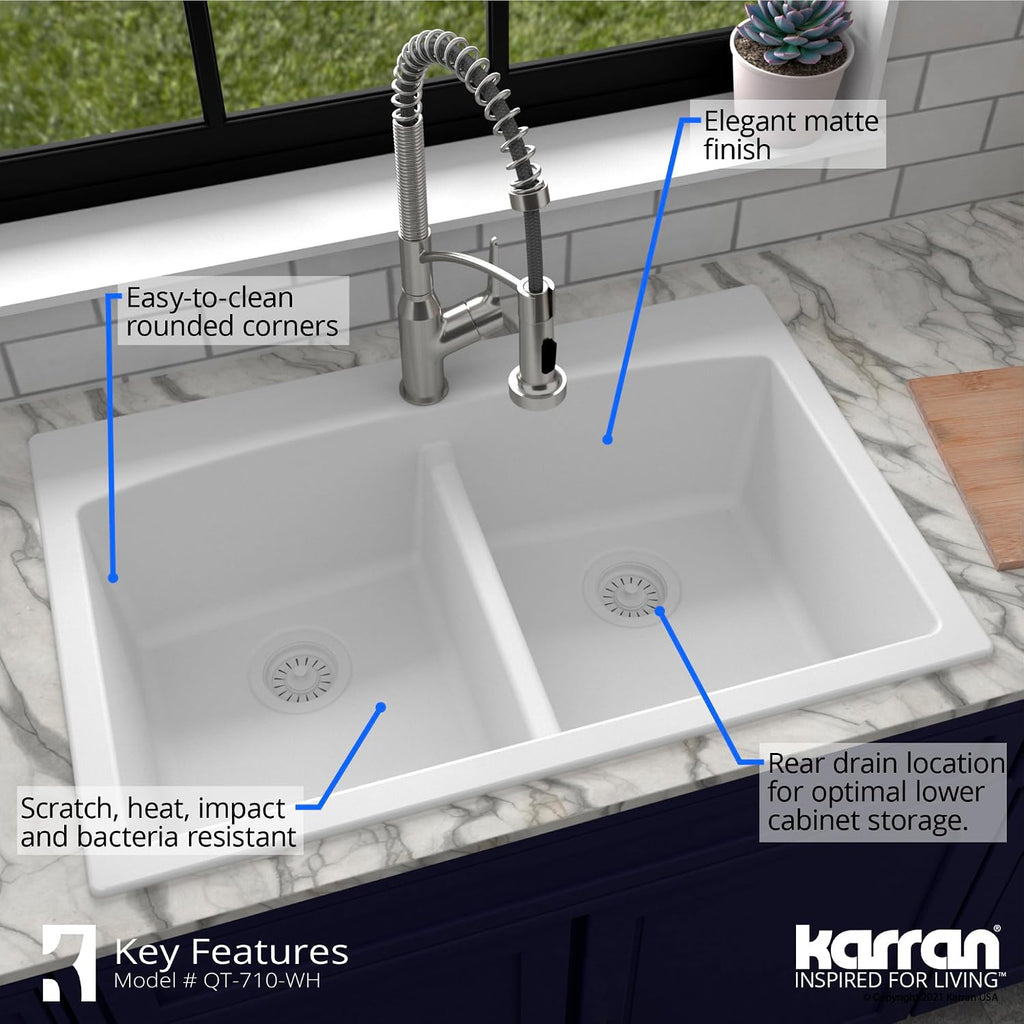 Karran QT-710 33 Inch Top Mount Double Bowl Kitchen Sink, 50/50 Low Divide Quartz Composite Drop-In Sink, Rear Drain, Heat and Scratch Resistant, White