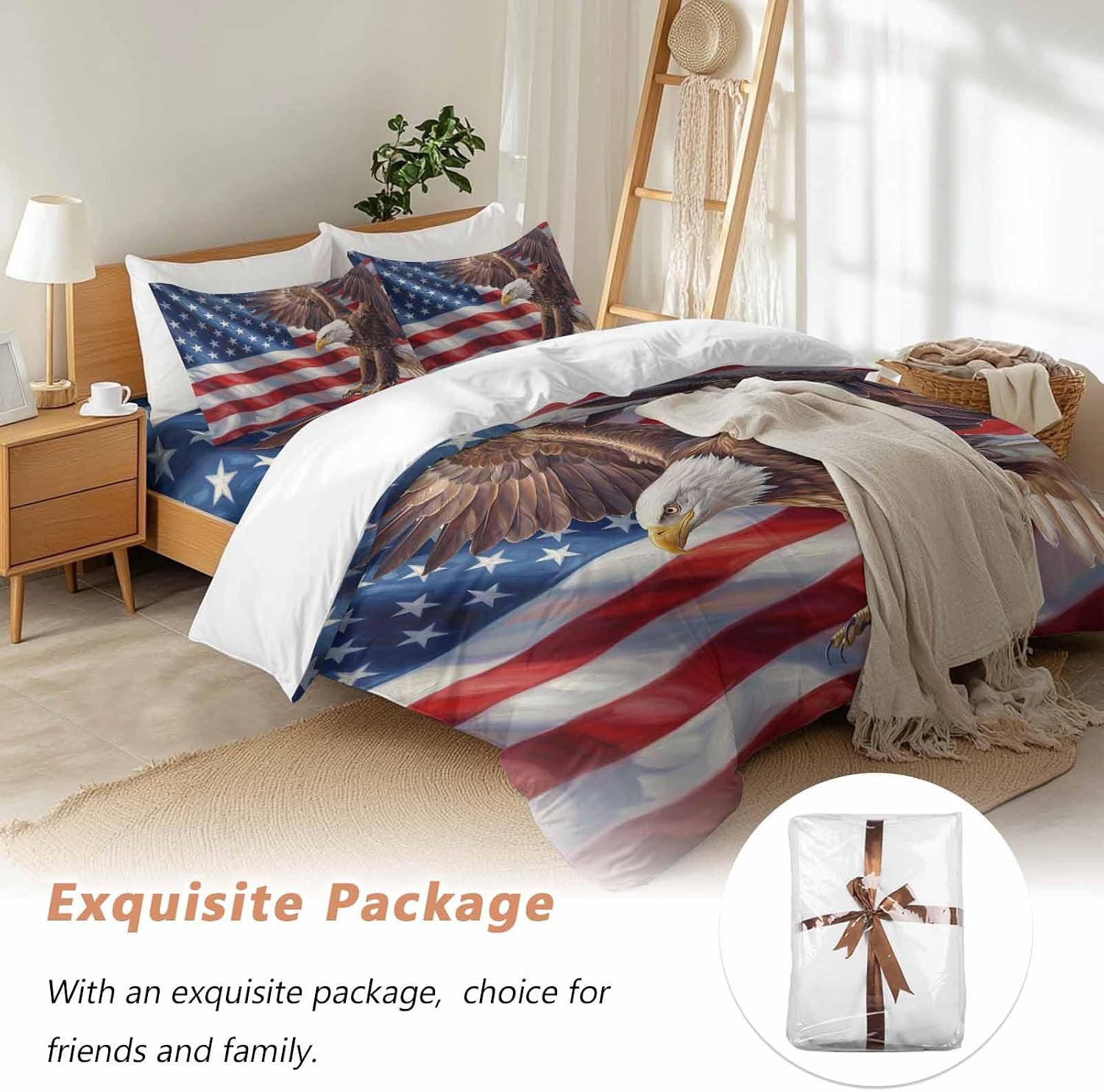 Independence Day Duvet Cover Set Queen Size 4 Pieces Watercolor U. S. Flag Soaring Bald Eagle Bedding Set with Zipper Closure, 1 Comforter Cover 92x106 Inches 1 Flat Sheet & 2 Pillow Cases