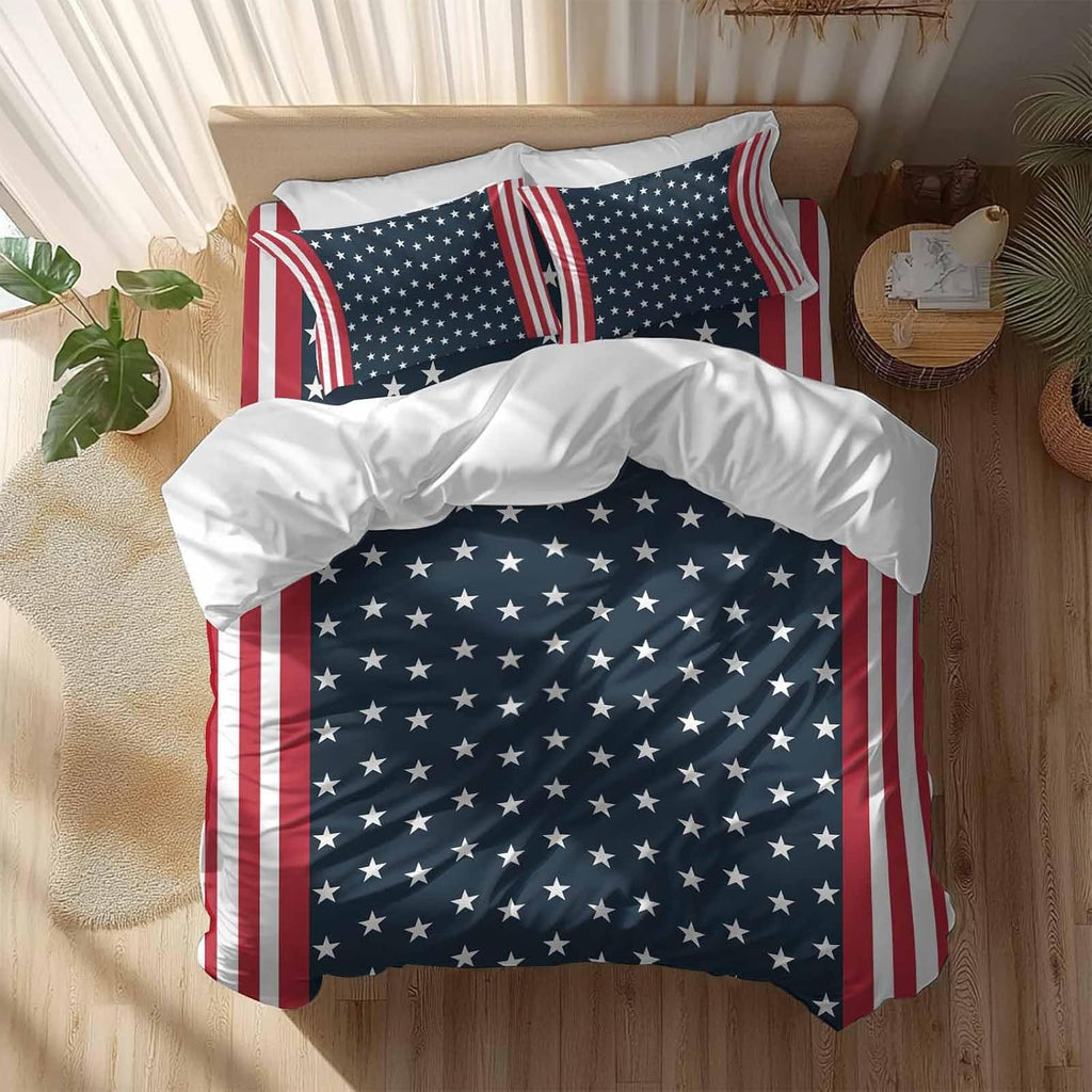 Independence Day Duvet Cover Set Queen Size 4 Pieces U.S. Flag Themed White Five-Pointed Star Bedding Set with Zipper Closure, 1 Comforter Cover 92x106 Inches 1 Flat Sheet & 2 Pillow Cases