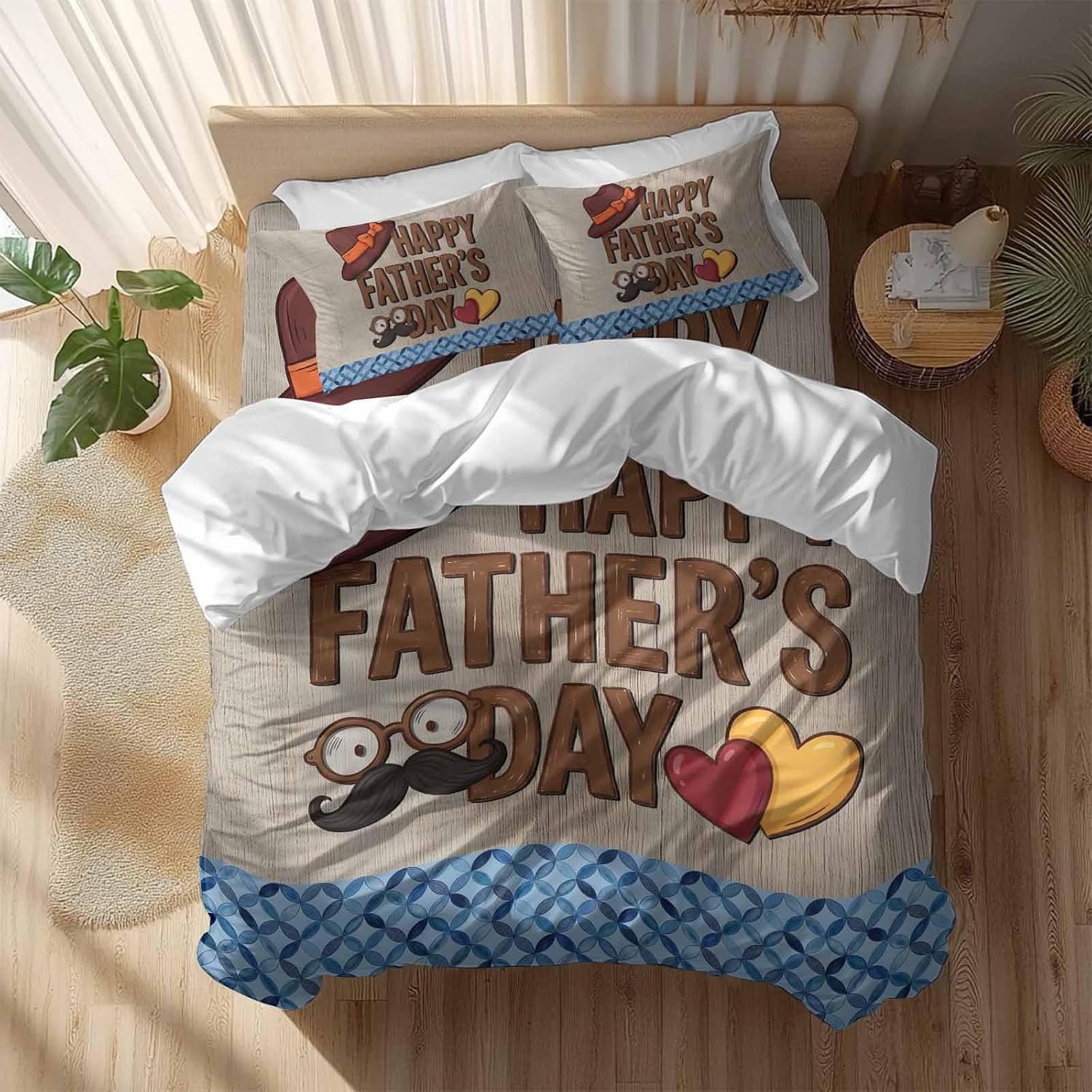 Prime Leader Father's Day Duvet Cover Set Queen Size 4 Pieces Wood Grain Retro Love Heart Hat Brown Blue Bedding Set with Zipper Closure, 1 Comforter Cover 92x106 Inches 1 Flat Sheet & 2 Pillow Cases