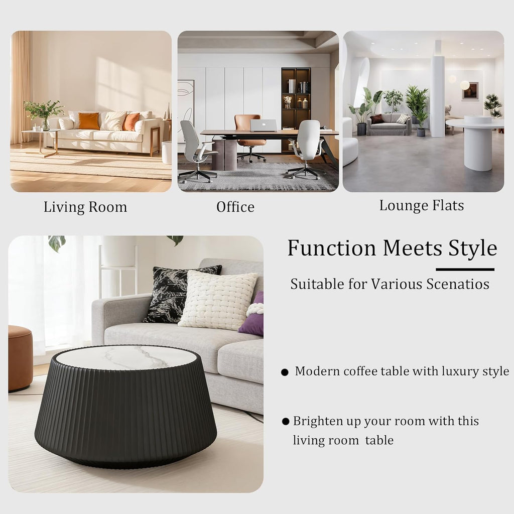 26.77' Black Round Coffee Table, Drum Coffee Table with Sintered Stone Tabletop and Fluted PU Leather Covered and Stable Base, Circle Cocktail Tea Table for Living Room