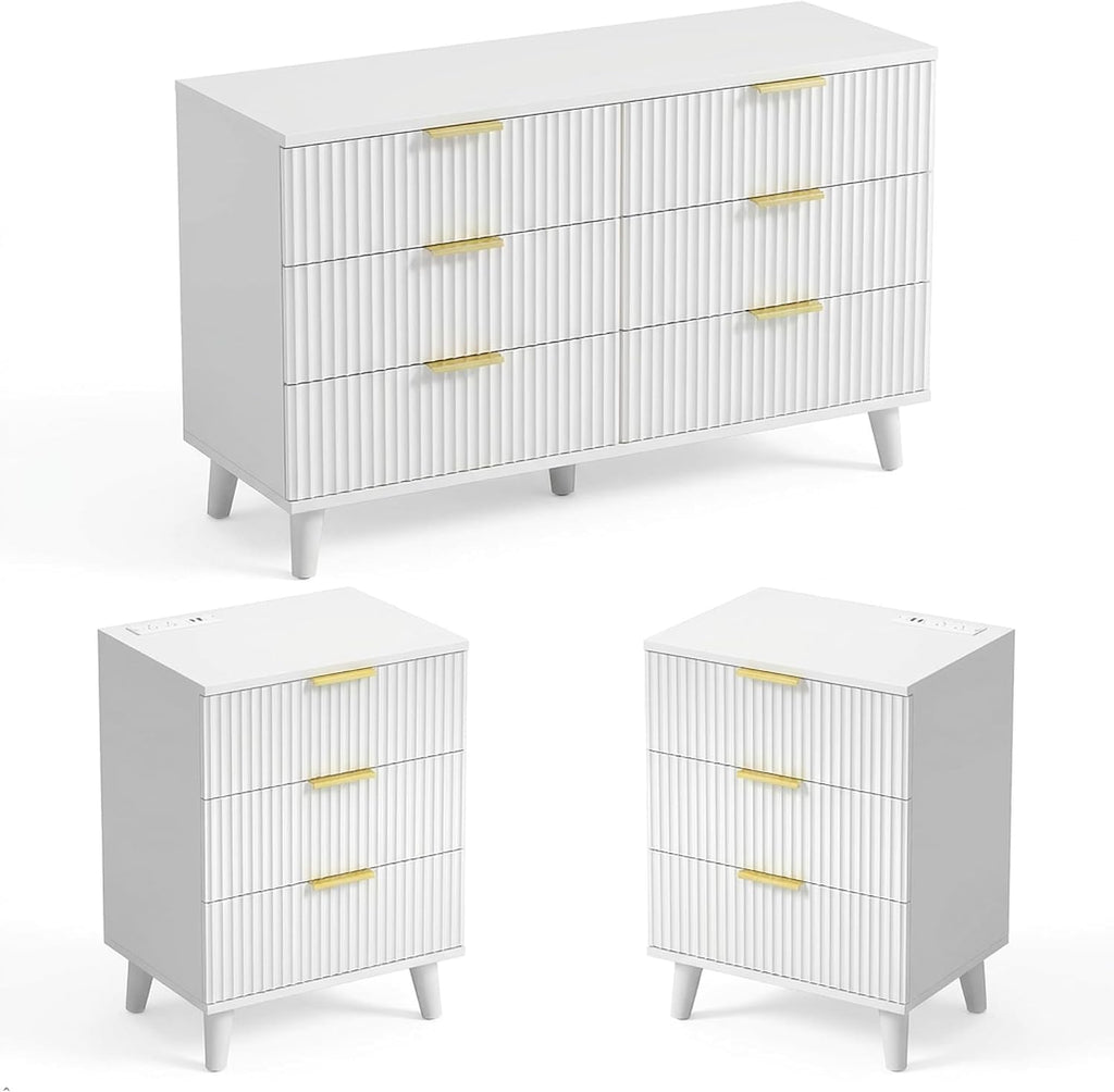 Lulive Modern Dresser and Nightstand Sets 3-Piece, 6-Drawer Dresser + 2 White Night Stands with Charging Station Bedroom Sets Solid Wood Legs (White)