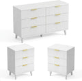 Lulive Modern Dresser and Nightstand Sets 3-Piece, 6-Drawer Dresser + 2 White Night Stands with Charging Station Bedroom Sets Solid Wood Legs (White)