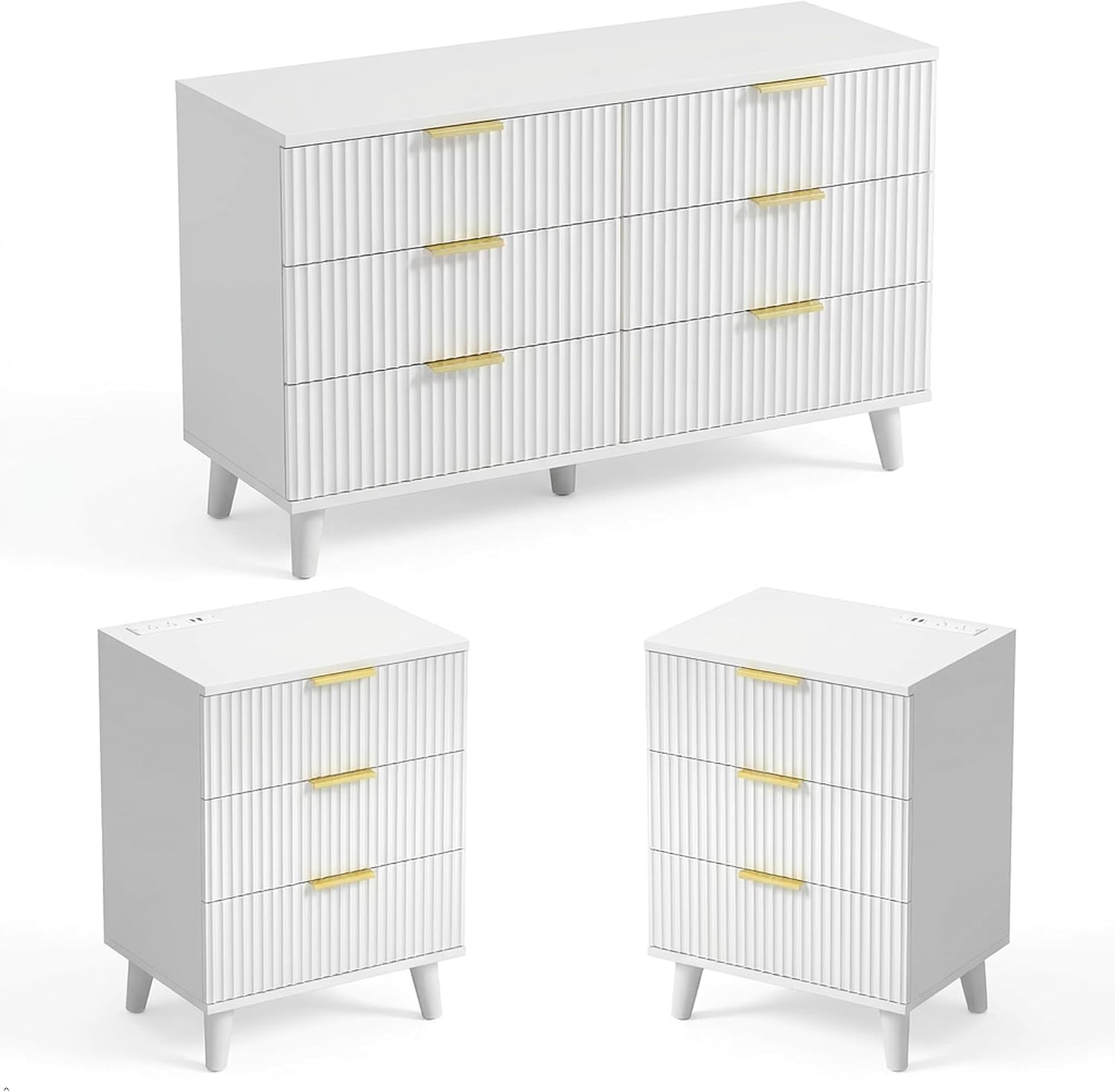 Lulive Modern Dresser and Nightstand Sets 3-Piece, 6-Drawer Dresser + 2 White Night Stands with Charging Station Bedroom Sets Solid Wood Legs (White)