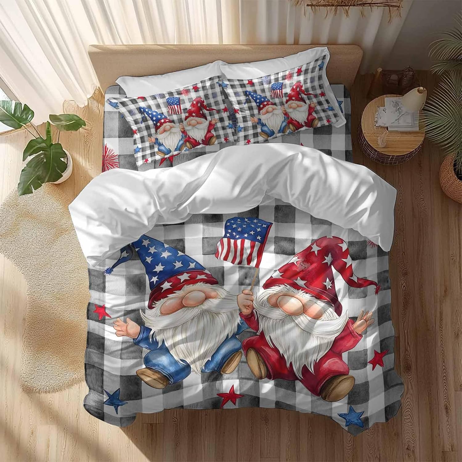 Prime Leader Independence Day Duvet Cover Set Queen Size 4 Pieces Patriotic Gnomes USA Flag Black Plaid Bedding Set with Zipper Closure, 1 Comforter Cover 92x106 Inches 1 Flat Sheet & 2 Pillow Cases
