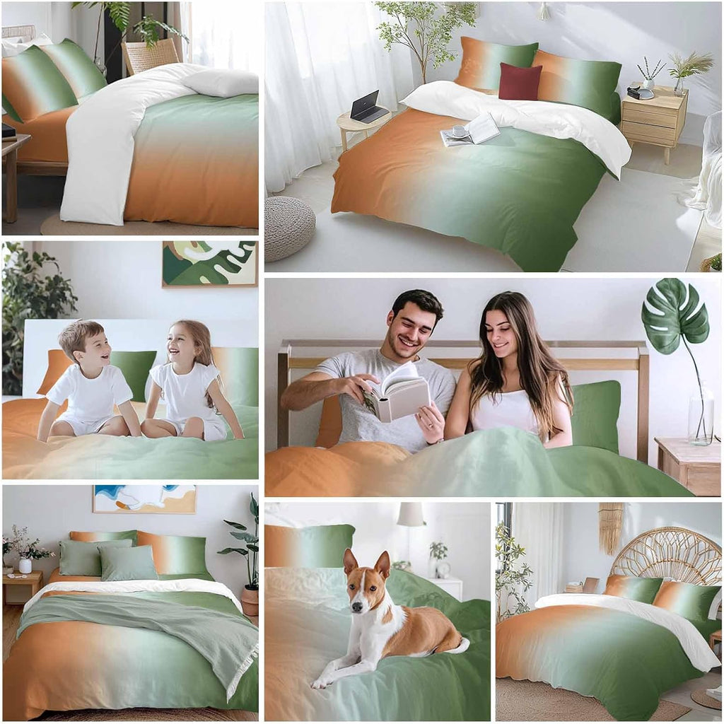 Gradient Sage Green Duvet Cover Set Queen Size 4 Pieces Modern Minimalist Orange Green Ocean Beach Bedding Set with Zipper Closure, 1 Comforter Cover 92x106 Inches 1 Flat Sheet & 2 Pillow Cases