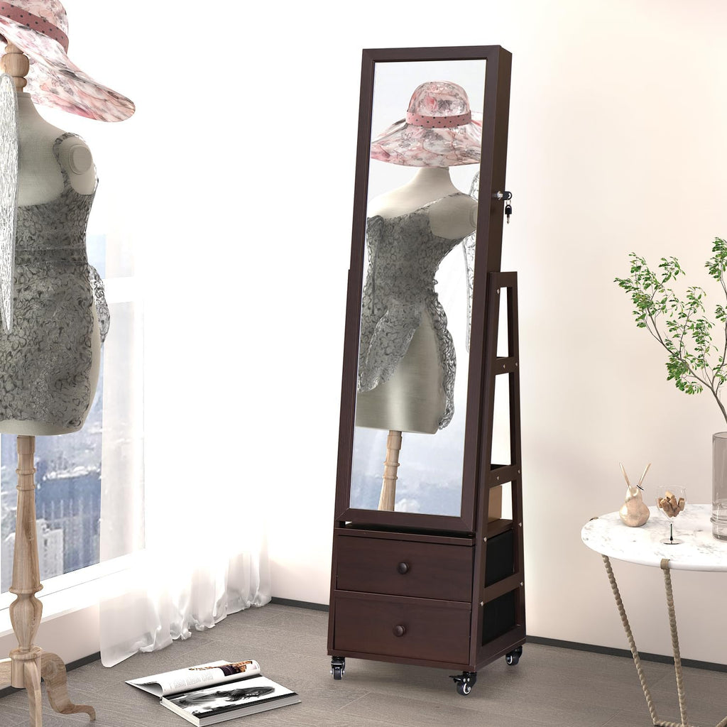 Rotating Standing Jewelry Cabinet with Lockable,Full Length Mirror with Storage Large Capacity Jewelry Organizer Armoire Floor Mirror with Back Storage Shelves for Bedroom Brown