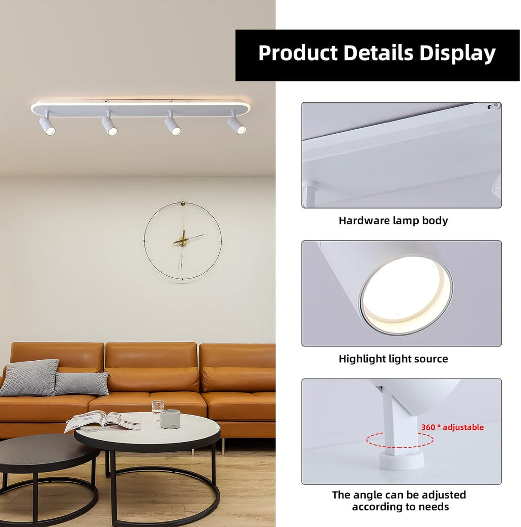 Jaycomey Modern LED Ceiling Light with 4 Spotlights, Dimmable 58W Linear Ceiling Lamp Fixture with Remote, 43.3in Upgraded Flush Mount Ceiling Chandelier Lighting for Bedroom Closet Hallway (White)