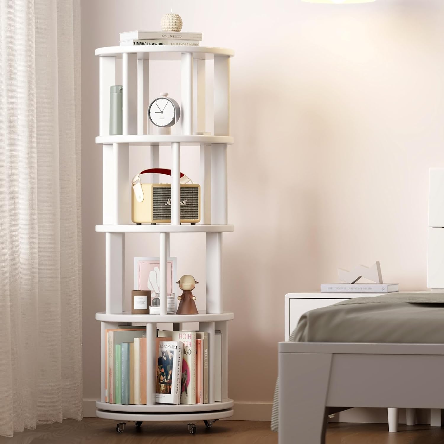 Muwuele Solid Wood Rotating Bookshelf on Wheels, 4 Tier, Round Revolving Bookcase, 360° Spinning Book Shelf Tower for Kids, Narrow Rolling Bookshelves for Small Space, Corner, Bedroom, Office, White