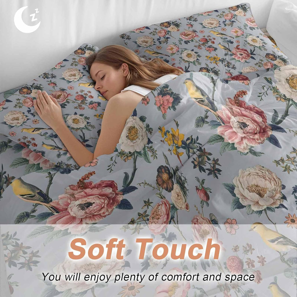 White Pink Flowers Duvet Cover Set Queen Size 4 Pieces Ethnic Retro White Floral Birds Light Purple Bedding Set with Zipper Closure, 1 Comforter Cover 92x106 Inches 1 Flat Sheet & 2 Pillow Cases